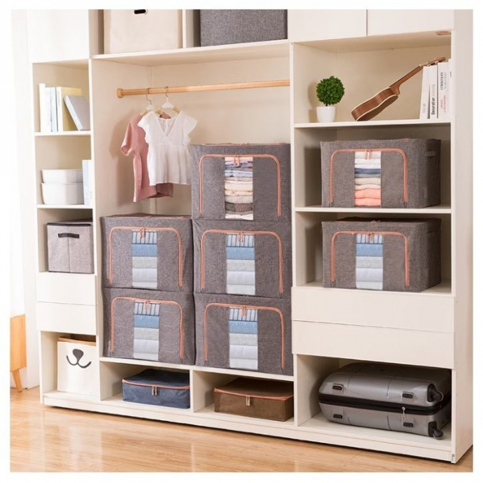 Cutie de Depozitare Pliabila, , 24 L, din Bumbac si In, 40x30x20 cm, 2 Ferestre, Frontala si Laterala, 2 Usi de Acces cu Fermoar Bidirectional, Cadru Metalic, Suport Baza Stabil din Plastic, Gri [2]