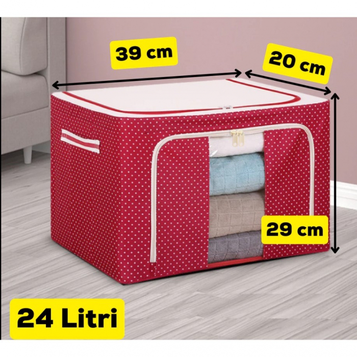 Cutie de Depozitare Pliabila, , 24 L, Panza Oxford, 40x30x20 cm, Fereastra Frontala, 2 Usi de Acces cu Fermoar Bidirectional, Cadru Metalic, Suport Baza Stabil din Plastic, Imprimeu Buline, Rosu [3]