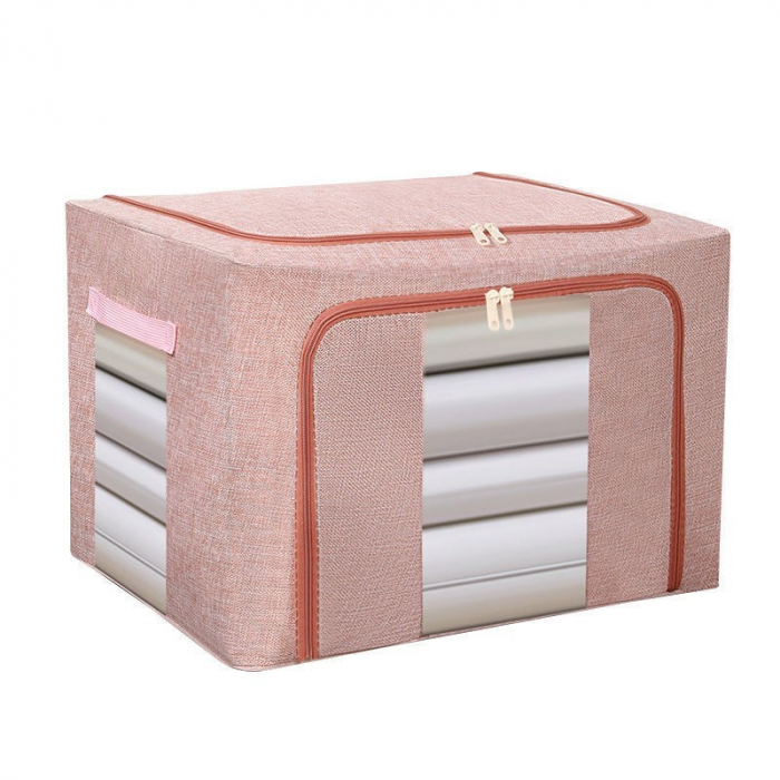 Cutie de Depozitare Pliabila, , 66 L, din Bumbac si In, 50x40x33 cm, 2 Ferestre, Frontala si Laterala, 2 Usi de Acces cu Fermoar Bidirectional, Cadru Metalic, Suport Baza Stabil din Plastic, Roz Pudra [4]