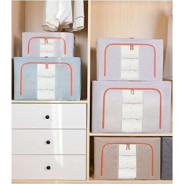 Cutie de Depozitare Pliabila, , 66 L, din Bumbac si In, 50x40x33 cm, Fereastra Frontala Transparenta, 2 Usi de Acces cu Fermoar Bidirectional, Cadru Metalic, Suport Baza Stabil din Plastic, Bleu [4]