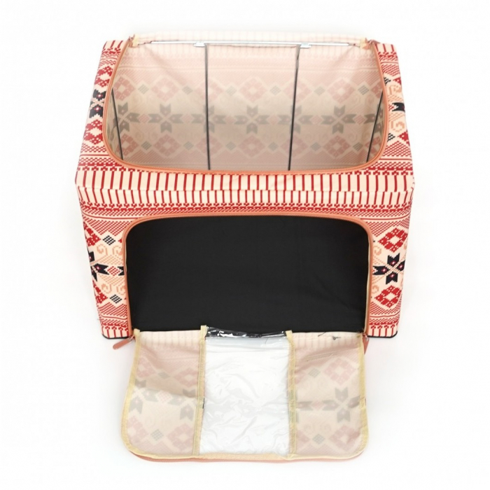 Cutie de Depozitare Pliabila, , 66 L din Bumbac si In, 52 x 42 x 39 cm, Fereastra Frontala, 2 Usi de Acces cu Fermoar Bidirectional, Cadru Metalic, Suport Baza Stabil din Plastic, Motiv Traditional Mo [4]