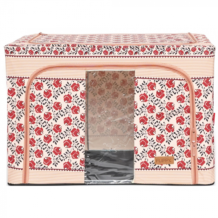 Cutie de Depozitare Pliabila, , 66 L din Bumbac si In, 52 x 42 x 39 cm, Fereastra Frontala, 2 Usi de Acces cu Fermoar Bidirectional, Cadru Metalic, Suport Baza Stabil din Plastic, Motiv Traditional Mo [1]