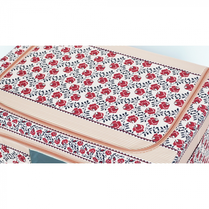 Cutie de Depozitare Pliabila, , 66 L din Bumbac si In, 52 x 42 x 39 cm, Fereastra Frontala, 2 Usi de Acces cu Fermoar Bidirectional, Cadru Metalic, Suport Baza Stabil din Plastic, Motiv Traditional Mo [9]