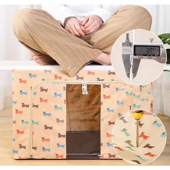 Cutie de Depozitare Pliabila, , 66 L, Panza Oxford, 50x40x33 cm, Fereastra Frontala, 2 Usi de Acces cu Fermoar Bidirectional, Cadru Metalic, Suport Baza Stabil din Plastic, Imprimeu Catelus, Bej [2]