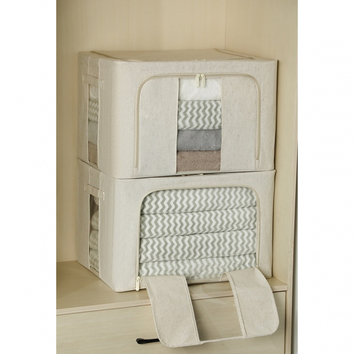 Cutie de Depozitare Pliabila, , Cu Fereastra si Fermoar Dublu, 66 L, Textil Premium, 50x40x33 cm, Cadru Metalic, Impermeabila, Alb Texturat [3]