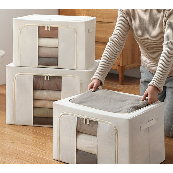 Cutie de Depozitare Pliabila, , Cu Fereastra si Fermoar Dublu, 66 L, Textil Premium, 50x40x33 cm, Cadru Metalic, Impermeabila, Bej [4]