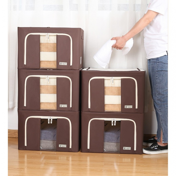 Cutie de Depozitare Pliabila, , Cu Fereastra si Fermoar Dublu, 66 L, Textil Premium, 50x40x33 cm, Cadru Metalic, Impermeabila, Maro [4]