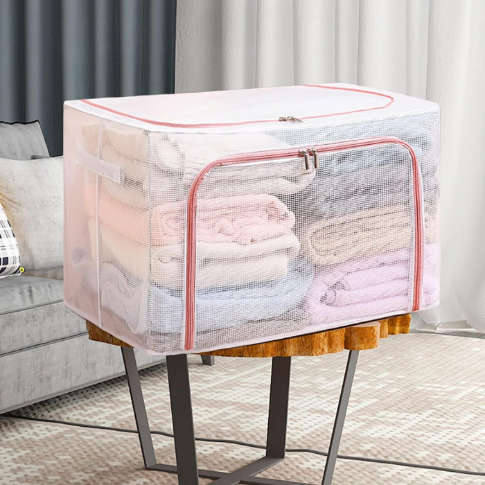 Cutie de Depozitare Pliabila, , Cu Fereastra si Fermoar Dublu Rosu, 66 L, Textil, 50x40x33 cm, Cadru Metalic, Impermeabila, Transparent [5]