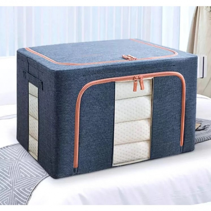 Cutie de Depozitare Pliabila, , Cu Fermoar, 100 L, Textil, 60x42x40 cm, Cadru Metalic, Suport Baza Stabil din Plastic, Albastru Marin cu Doua Ferestre [5]