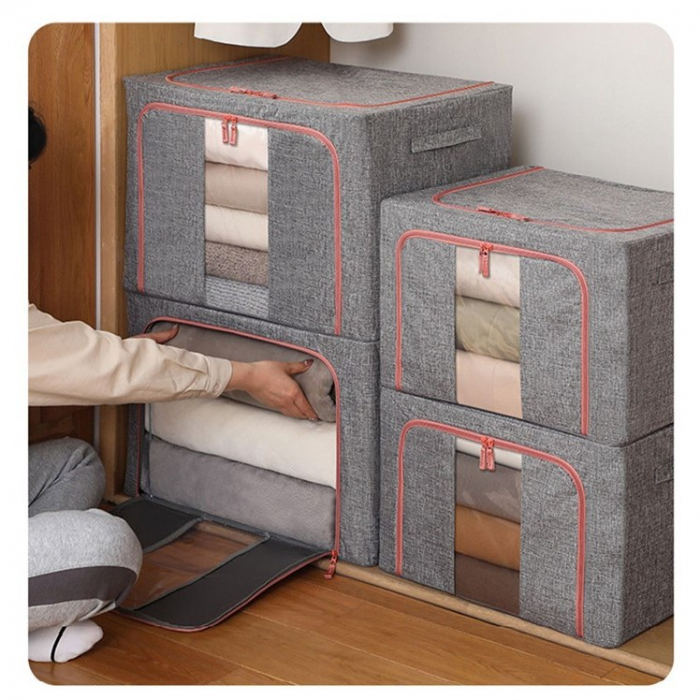 Cutie de depozitare pliabila, , Cu fermoar, 100 L, Textil, 60x42x40 cm, Cadru Metalic, Suport Baza Stabil din Plastic, Gri, Cu doua ferestre [4]