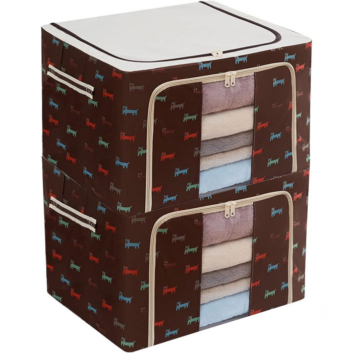 Cutie de Depozitare Pliabila, , cu Fermoar, 100 L, Textil, 60x42x40 cm, O Fereastra, Cadru Metalic, Suport Baza Stabil din Plastic, Imprimeu Catelusi, Maro [3]