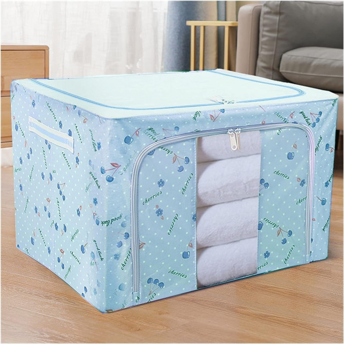 Cutie de Depozitare Pliabila, , Cu Fermoar, 66 L, Textil, 50x40x33 cm, cu 2 Ferestre, Cadru Metalic, Suport Baza Stabil din Plastic, Imprimeu Cirese, Albastru [3]