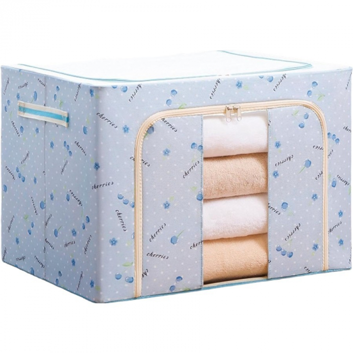 Cutie de Depozitare Pliabila, , Cu Fermoar, 66 L, Textil, 50x40x33 cm, cu 2 Ferestre, Cadru Metalic, Suport Baza Stabil din Plastic, Imprimeu Cirese, Albastru [4]
