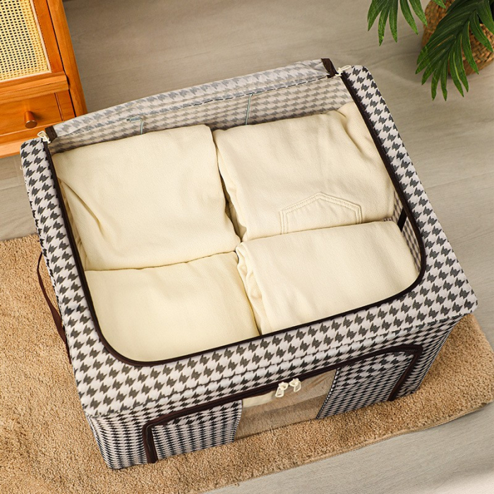 Cutie de Depozitare Pliabila, , Cu fermoar Bidirectional, 100 L, Textil, 60x42x40 cm, Cadru Metalic, o Fereastra, Suport Baza Stabil din Plastic, Design Zebra, Alb Negru [9]