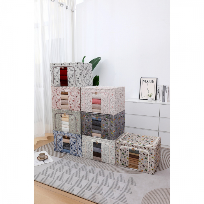 Cutie Depozitare, , 66L, din Material Textil, 50 x 40 x 33 cm, pentru Haine si Lenjerii, Model Fluturasi, Roz [3]