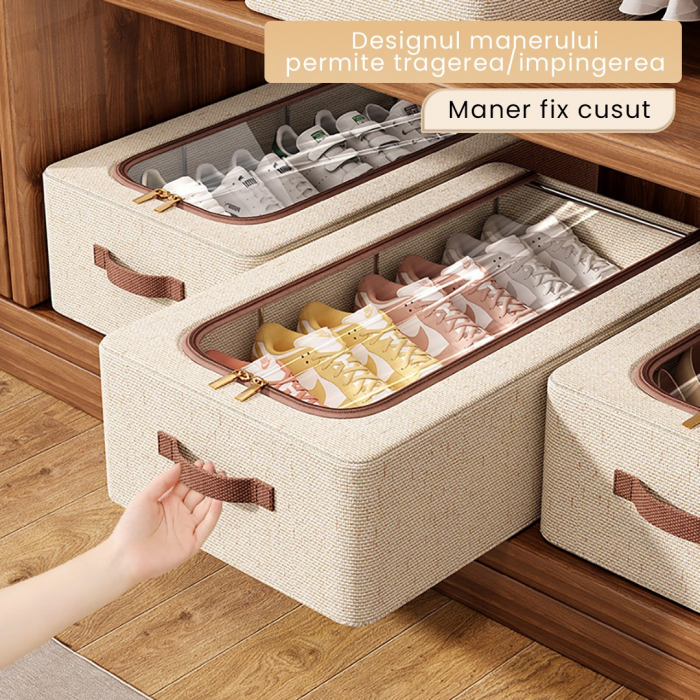 Cutie Depozitare cu Cadru Metalic, , pentru Incaltaminte, Haine, Lingerie, Fermoar Calitativ, Fereastra Transparenta, Manere Laterale, 60 x 30 x 15 cm Bej [5]