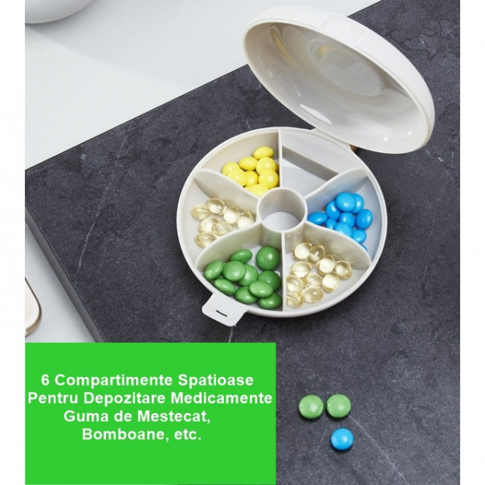 Cutie Depozitare Medicamente, , 6 Compartimente, Inchidere Etans, Portabila, Rotund, Alb/Gri, PP, 8.4x2.9x8.5 cm [3]