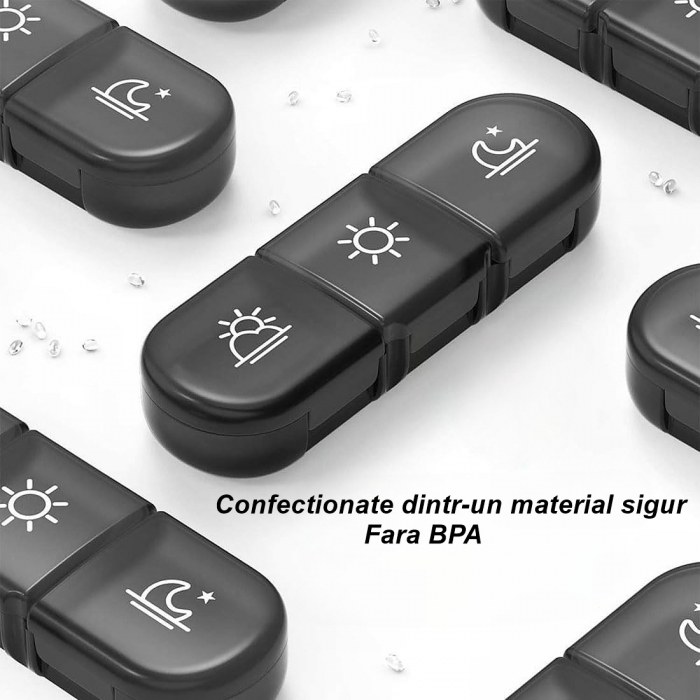 Cutie Depozitare Medicamente, , 7 Zile, 21 Compartimente, Cutie Suport, Recipiente Detasabile, Portabila, Compartimente Negre, Cutie Transparenta, 15.6x12 cm [2]