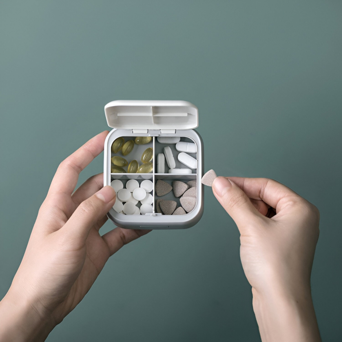 Cutie Depozitare Medicamente Mini, , 4 Compartimente, Inchidere Etans, Portabila, Patrat, Gri, PP, 7.5x7.5x3 cm [3]