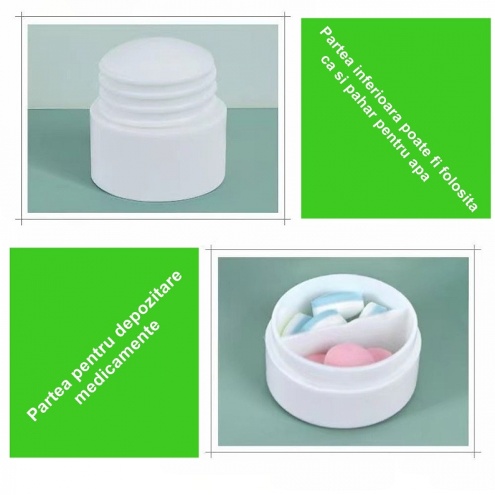 Cutie Pastile Multifunctionala, , 4 in 1, Pahar Apa, Taiere, Sfaramare, Depozitare, Compact, ABS cu Lama din Inox, Alb, 8.7x6.2x4.1 cm [3]