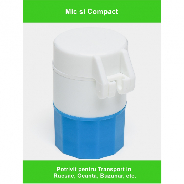 Cutie Pastile Multifunctionala, , 4 in 1, Pahar Apa, Taiere, Sfaramare, Depozitare, Compact, ABS cu Lama din Inox, Alb/Albastru, 8.7x6.2x4.1 cm [2]