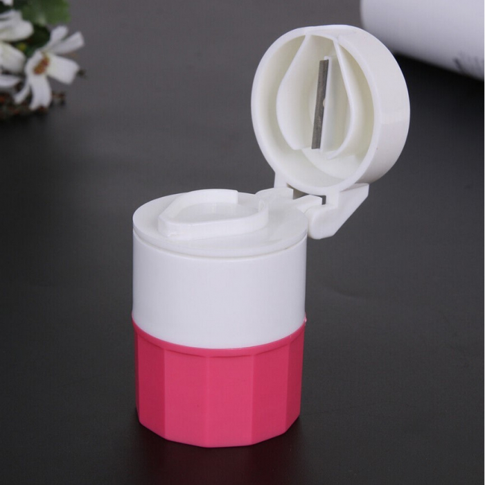 Cutie Pastile Multifunctionala, , 4 in 1, Pahar Apa, Taiere, Sfaramare, Depozitare, Compact, ABS cu Lama din Inox, Alb/Roz, 8.7x6.2x4.1 cm [6]