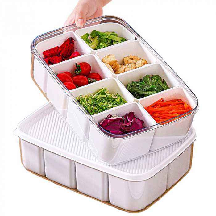 Cutie pentru Depozitare Alimente, , 8 Compartimente cu Capac, Material PET+PP, 29 x 20 x 9 cm, Alb/Transparent [1]