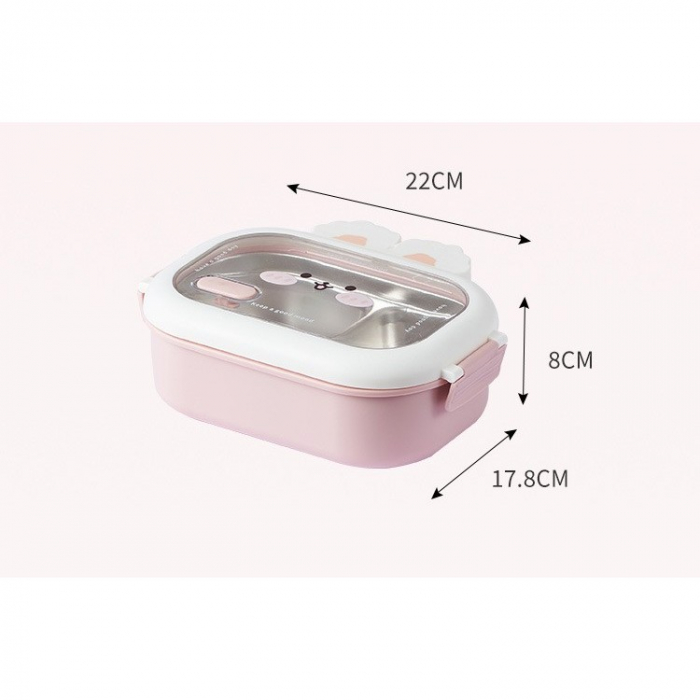 Cutie pentru Pranz sau Gustari, , cu Doua Compartimente, Model Iepuras, pentru Copii si Adulti, Etansare, PP, Perfect pentru Scoala si Birou, 1000 mL, 22x17.8x8 cm, Roz [2]