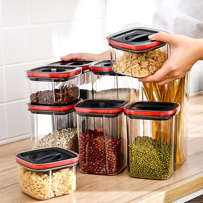 Cutii de Depozitare Alimente, , Set din 5 Cuti de tip Container, Recipiente pentru Cereale in Bucatarie,  Transparente cu Capac Negru [3]