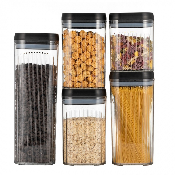 Cutii de Depozitare Alimente, , Set din 5 Cutii de tip Container, Recipiente pentru Cereale in Bucatarie,  Transparente cu Capac Negru [1]