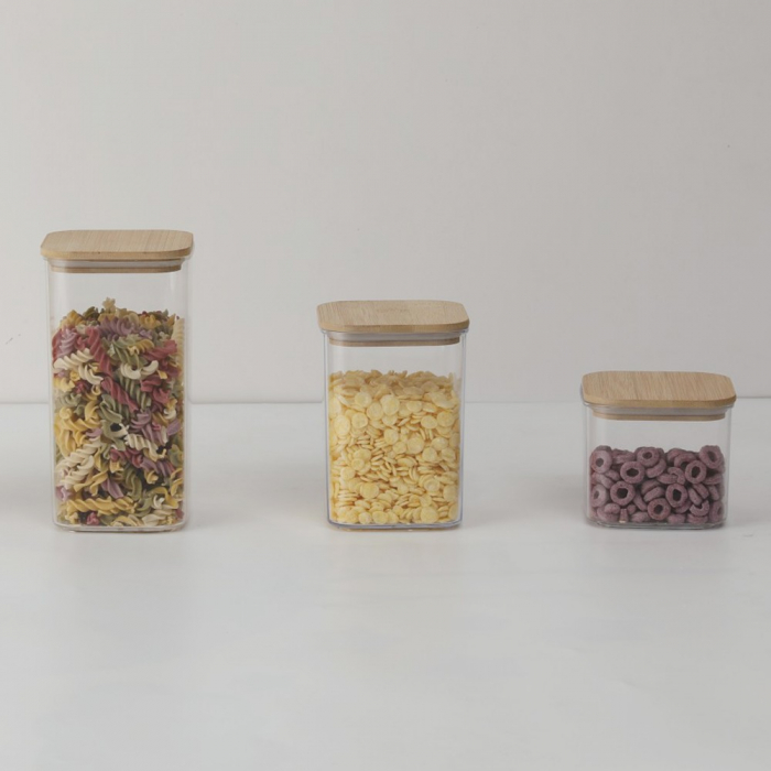 Cutii de Depozitare Alimente, , Set din 6 Cutii de tip Container, Cutii pentru Cereale, din Plastic, Capac din Bambuc, 2pc 0.5 l. 2pc 0.8 l, 2pc 1.2 l, Transparente [3]