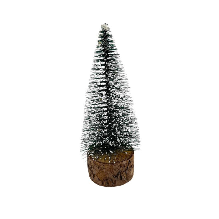 Bradut decorativ cu lumini LED – baza lemn natur, baterii incluse – efect zapada, pentru masa sau birou 16cm [1]