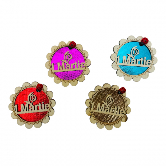 Decoratiune din lemn cu magnet, 1 MARTIE, diverse culori, forma de floare, 6.5×6.5cm,   [2]