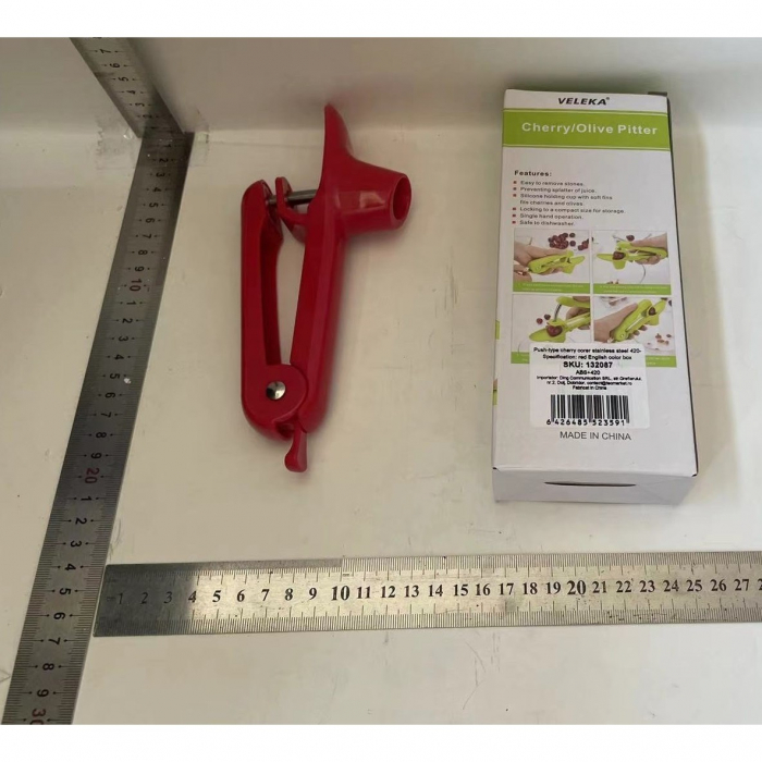 Dispozitiv de Scos Samburi, , Manual, cu 1 Gaura, pentru Cirese/Masline, 20.5 x 3.8 x 13 cm, din ABS+Otel Inoxidabil, cu Maner, Rosu [2]