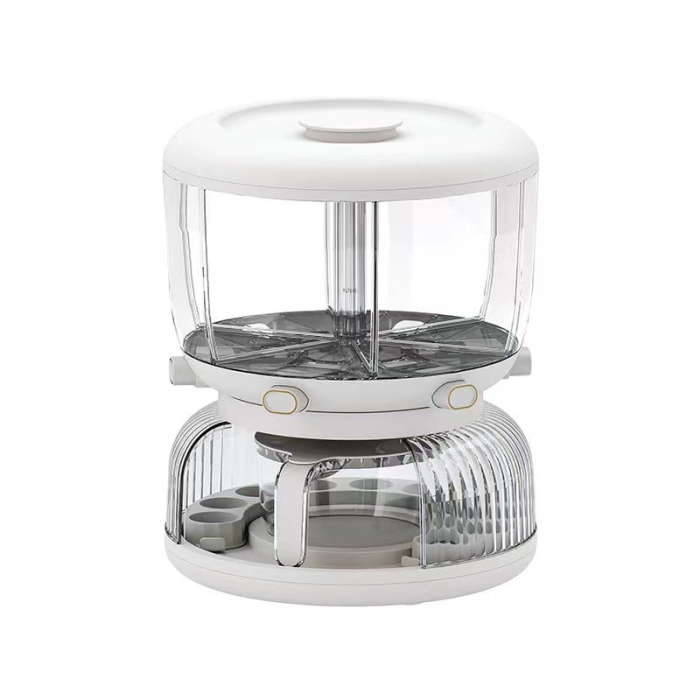 Dozator etajat de cereale , rotativ 360, 6 compartimente, capacitate 10L, cofrag special pentru oua, vas pentru scurgerea cerealelor, 35x27.5 cm, alb [1]