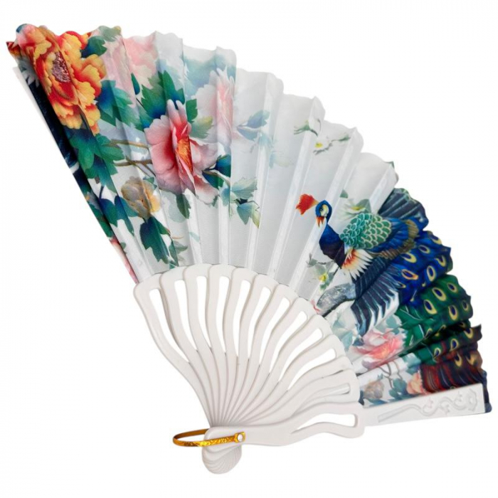 Evantai textil decorativ 24cm cu imprimeu paun si flori orientale colorate, ideal pentru vara, cadou sau decor,  [4]