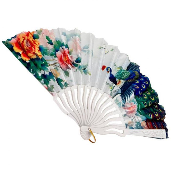 Evantai textil decorativ 24cm cu imprimeu paun si flori orientale colorate, ideal pentru vara, cadou sau decor,  [6]