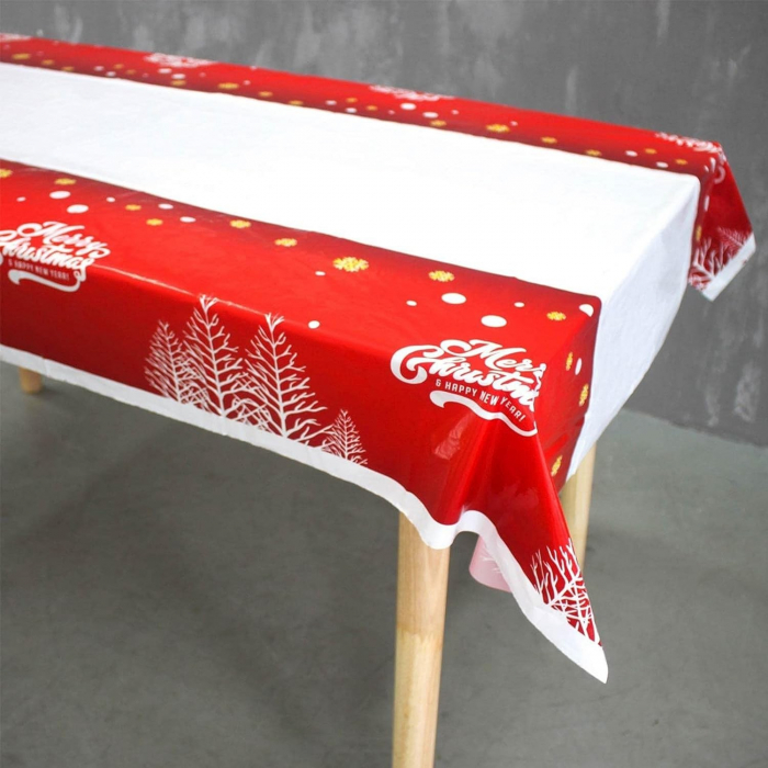 Fata de masa dreptunghiulara , PVC, 2.5 mm grosime, imprimeu Merry Christmas, potrivit pentru Craciun, utilizare multipla, 180 x 108 cm, alb [3]