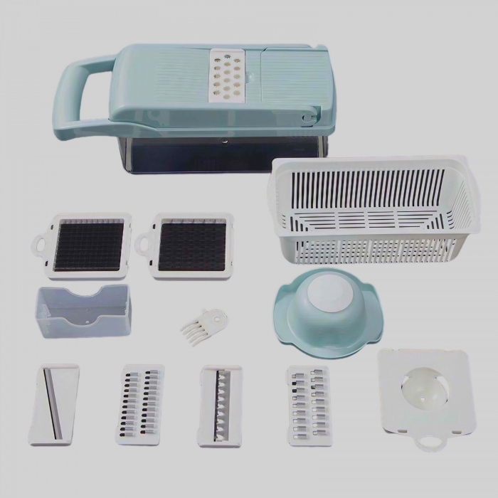 Feliator Multifunctional, , Razatoare, 8 in 1, pentru Fructe si Legume, 10 Piese, Lame de Inox, Recipient Stocare, Separator Oua, Protectie Mana, ABS, 32.2x11.3 cm, Albastru/Alb [10]