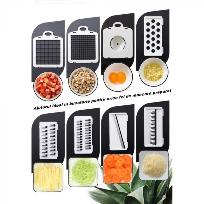 Feliator Multifunctional, , Razatoare, 8 in 1, pentru Fructe si Legume, 10 Piese, Lame de Inox, Recipient Stocare, Separator Oua, Protectie Mana, ABS, 32.2x11.3 cm, Albastru/Alb [3]