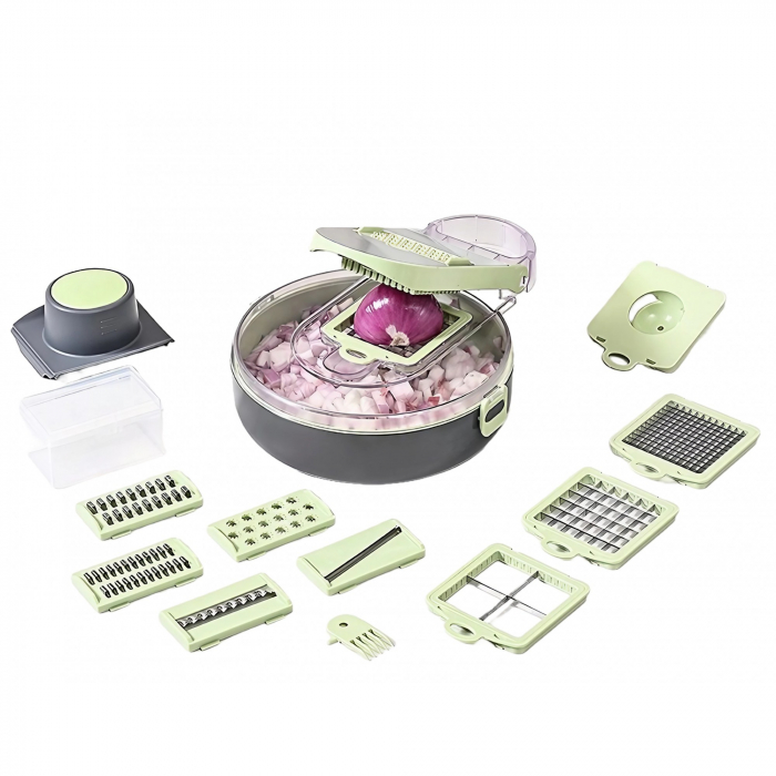 Feliator Multifunctional, , Razatoare, 8 in 1, pentru Fructe si Legume, 12 Piese, Lame de Inox, Recipient Stocare, Separator Oua, Protectie Mana, ABS, Gri/Verde, 29.5x9x21.8 cm [1]