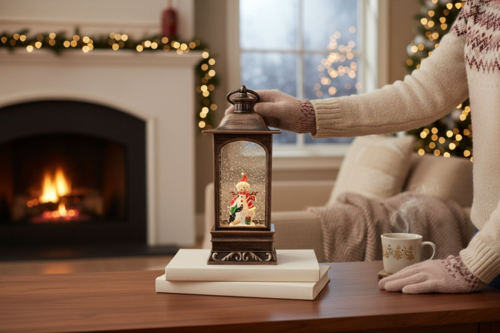 Felinar decorativ Craciun cu lumini LED si colinde, functional pe baterii si acumulator, 27.5x11.5x11.5cm [2]