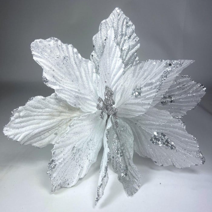 Floare de Craciun Poinsettia alb-argintiu cu glitter, clip/tija – pentru brad si aranjamente, 32 cm [4]