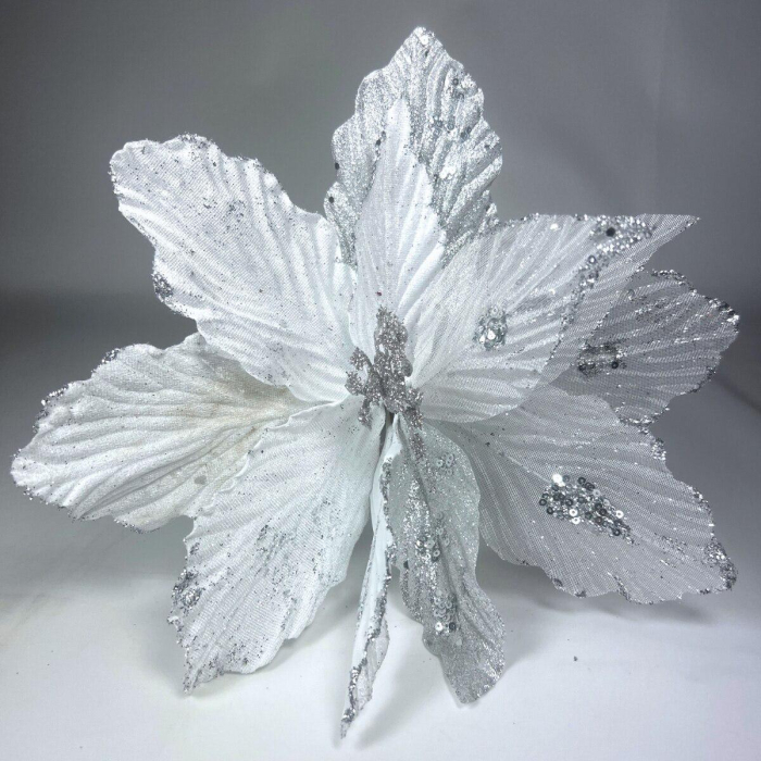 Floare de Craciun Poinsettia alb-argintiu cu glitter, clip/tija – pentru brad si aranjamente, 32 cm [1]