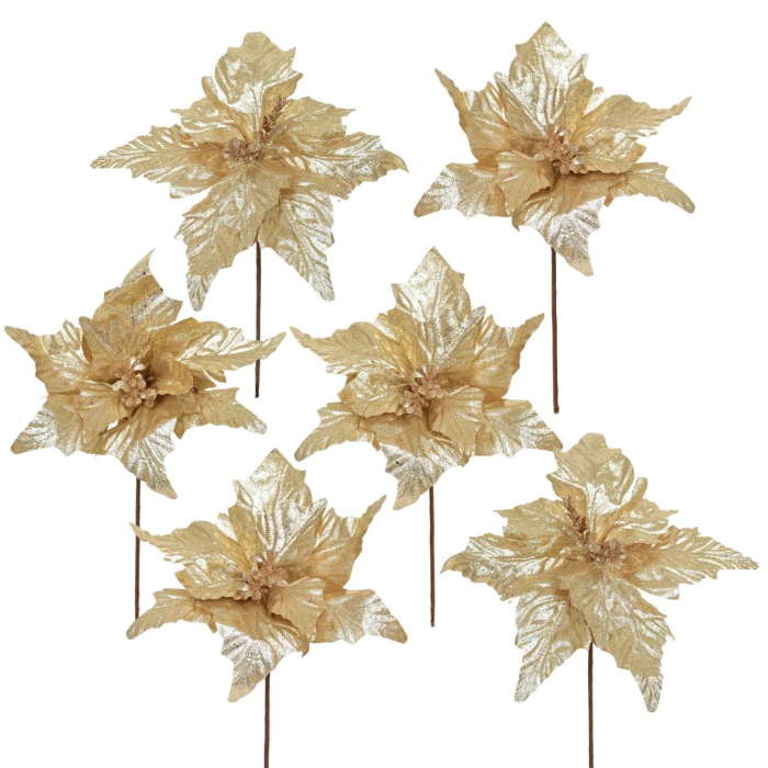 Floare de Craciun Poinsettia auriu cu glitter, clip/tija – pentru brad si aranjamente, 32 cm [4]