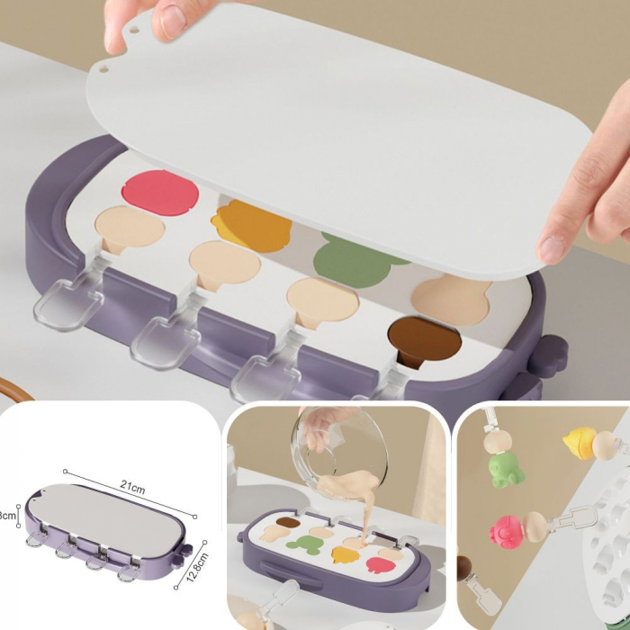 Forma pentru inghetata , 4 compartimente, forme cu animalute, materialsilicon si ABS, 21 x 12.8 x 3cm, mov [2]