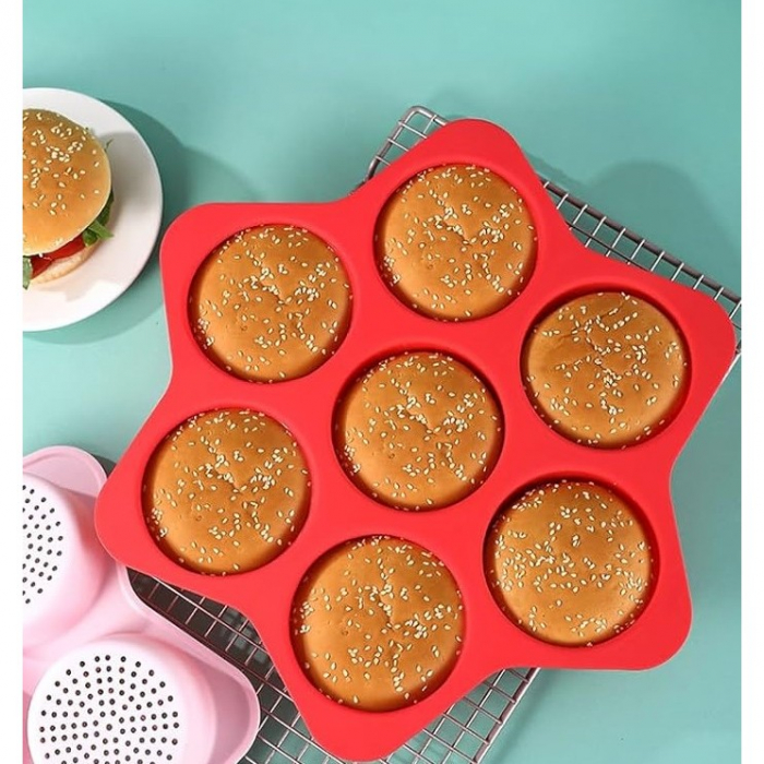 Forme de Silicon pentru Copt, , 7 Forme Rotiunde, pentru Burgeri si Prajituri, 38.5 x 4 cm, Rosu [6]