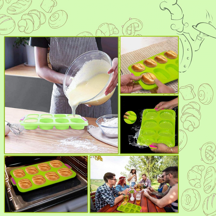 Forme de Silicon pentru Copt, , 8 Forme Ovale, pentru Paine si Prajituri, 34.5 x 23.8 x 2.5 cm, Verde/Roz [5]