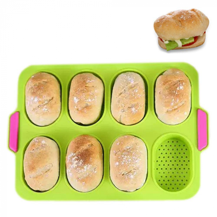 Forme de Silicon pentru Copt, , 8 Forme Ovale, pentru Paine si Prajituri, 34.5 x 23.8 x 2.5 cm, Verde/Roz [3]