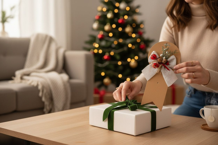 Fundita Decorativa Craciun Argintiu – Conuri Naturale si Clopotei Rosii – Decor Usa Cadouri 17x15cm [2]